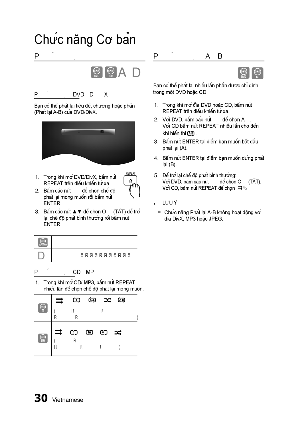 Samsung HT-C455/XSS, HT-C453N/XSS, HT-C455N/XSS manual Phát lạiPhát lại A-B, Phát lại DVD/DivX, Phát lại CD/MP3 