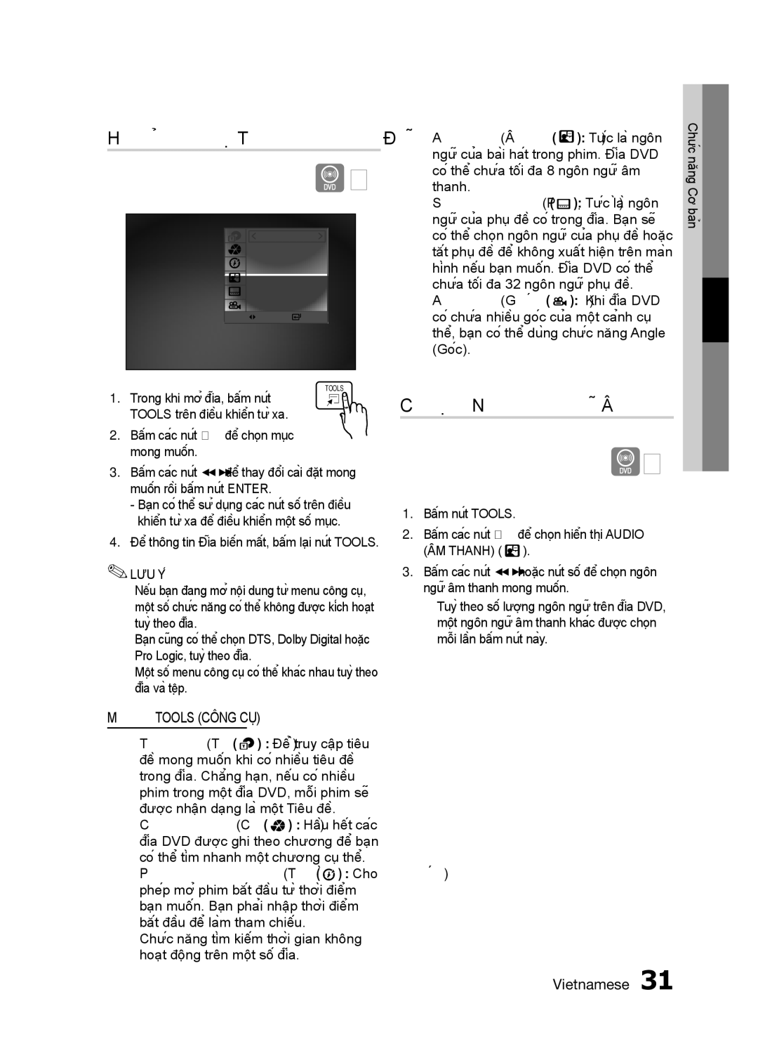 Samsung HT-C453N/XSS manual Hiển thị Thông tin Đĩa, Menu Tools CôNG CỤ, Bấm các nút+ hoặc nút số để chọn ngôn 