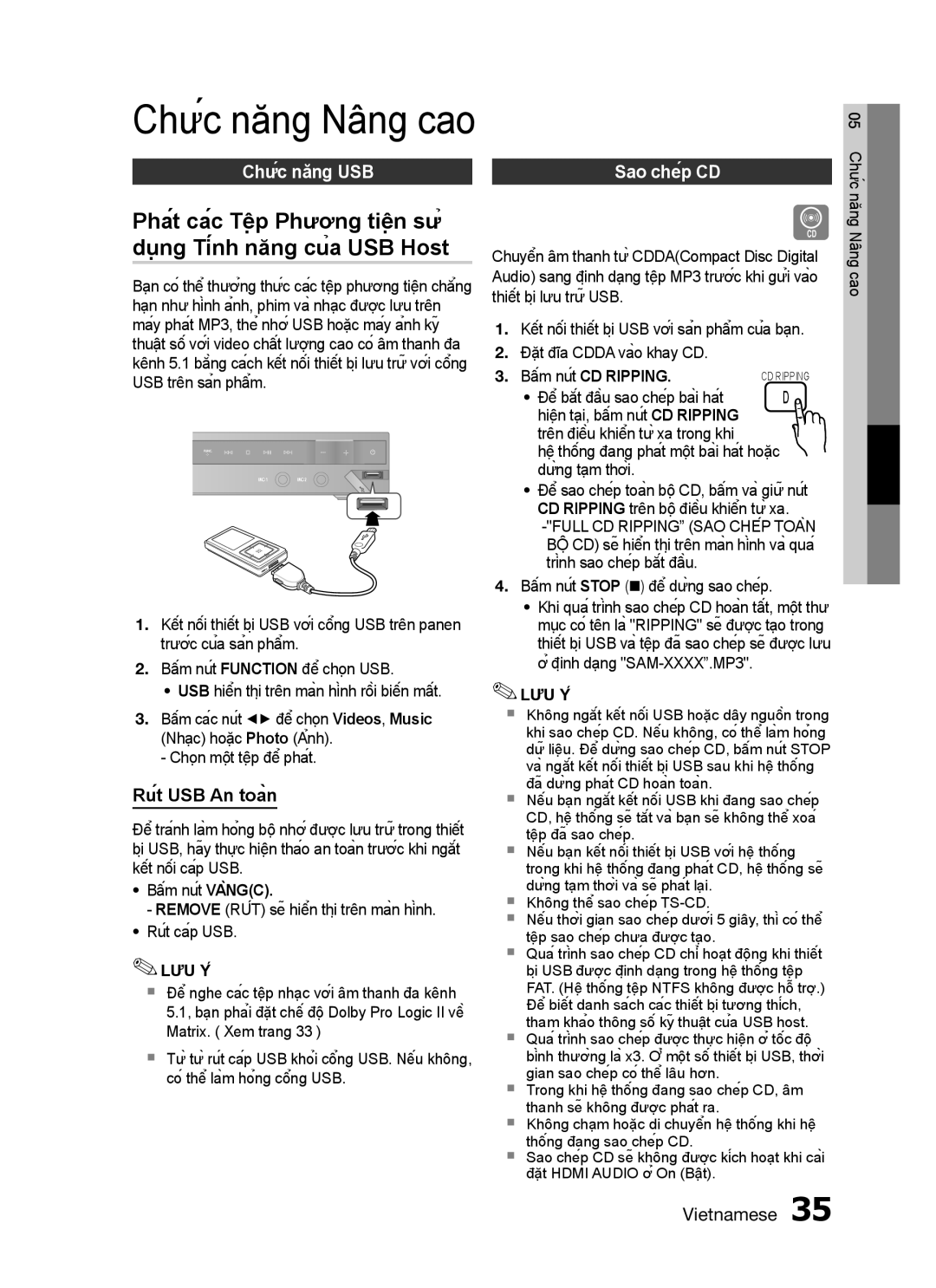 Samsung HT-C455N/XSS, HT-C455/XSS manual Phát các Tệp Phương tiện sử, Chức năng USB Sao chép CD, Bấm nútCD RiPPiNG 