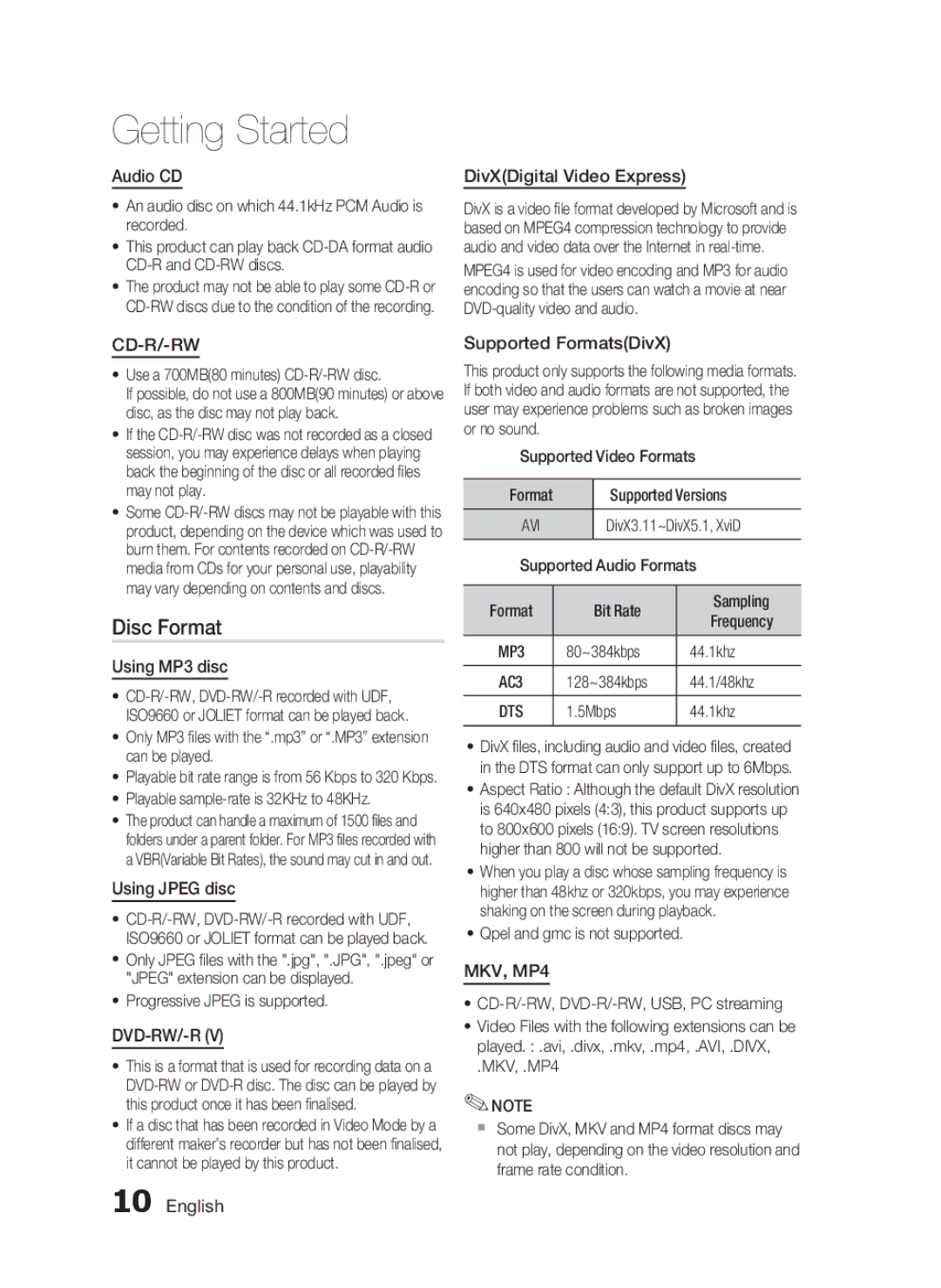 Samsung HT-C5200 user manual Disc Format 