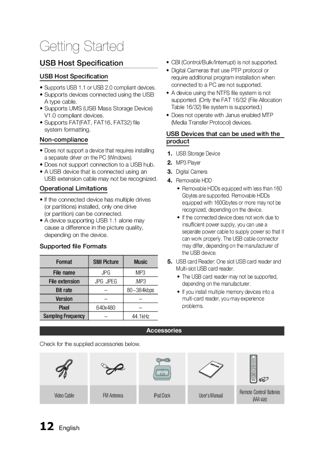 Samsung HT-C5200 user manual USB Host Speciﬁcation, Accessories 