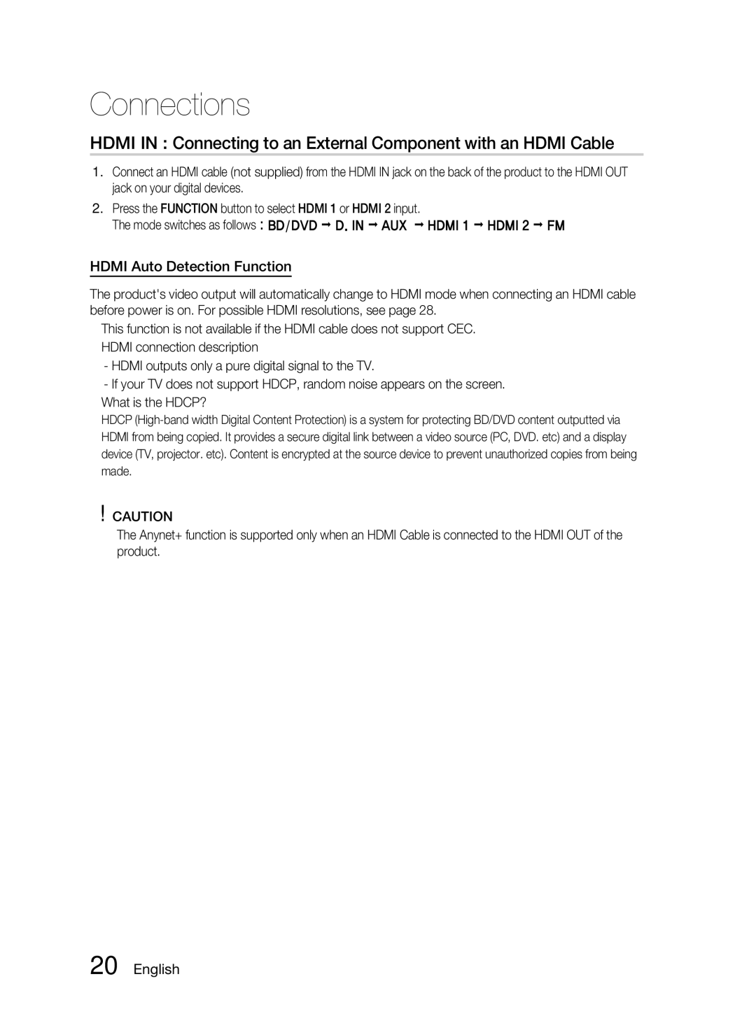 Samsung HT-C5200 user manual Hdmi Auto Detection Function 