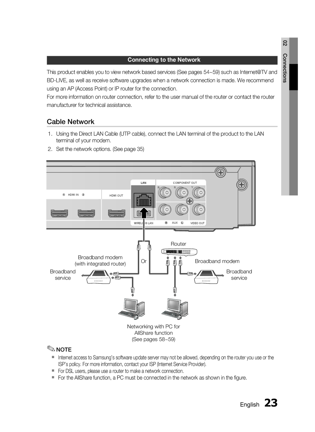 Samsung HT-C5200 user manual Connecting to the Network, Broadband modem, Broadband Service 