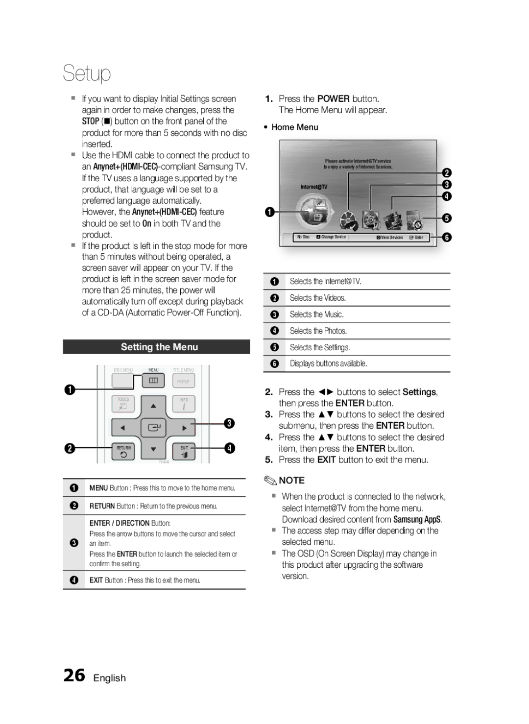 Samsung HT-C5200 user manual Setting the Menu 