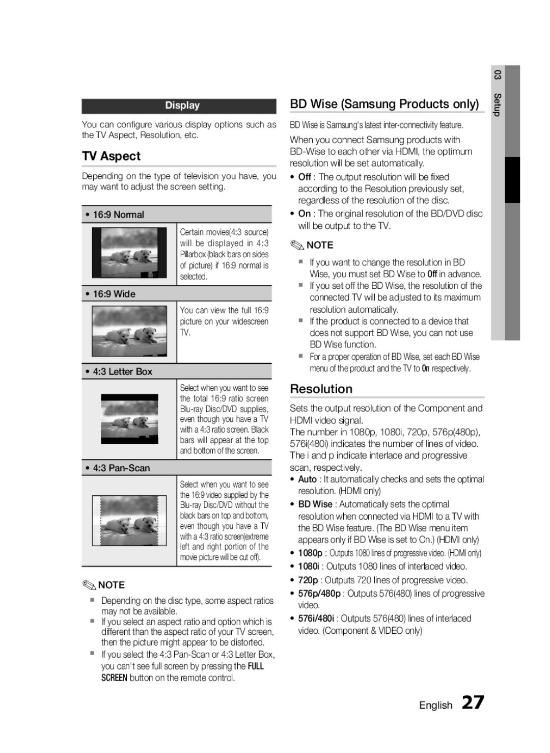 Samsung HT-C5200 user manual BD Wise Samsung Products only, Resolution, Display, Pan-Scan 