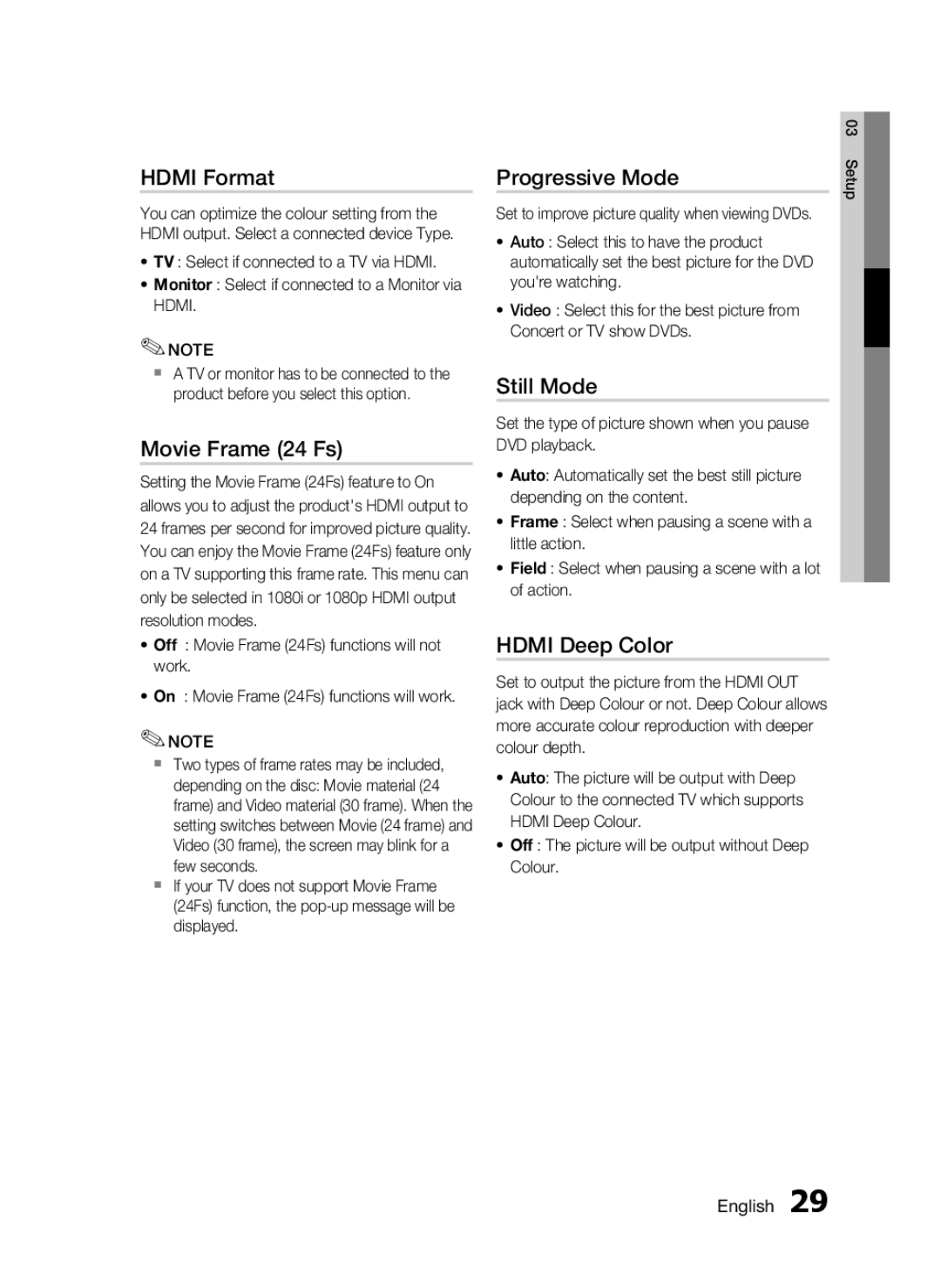 Samsung HT-C5200 user manual Hdmi Format, Movie Frame 24 Fs, Progressive Mode, Still Mode, Hdmi Deep Color 