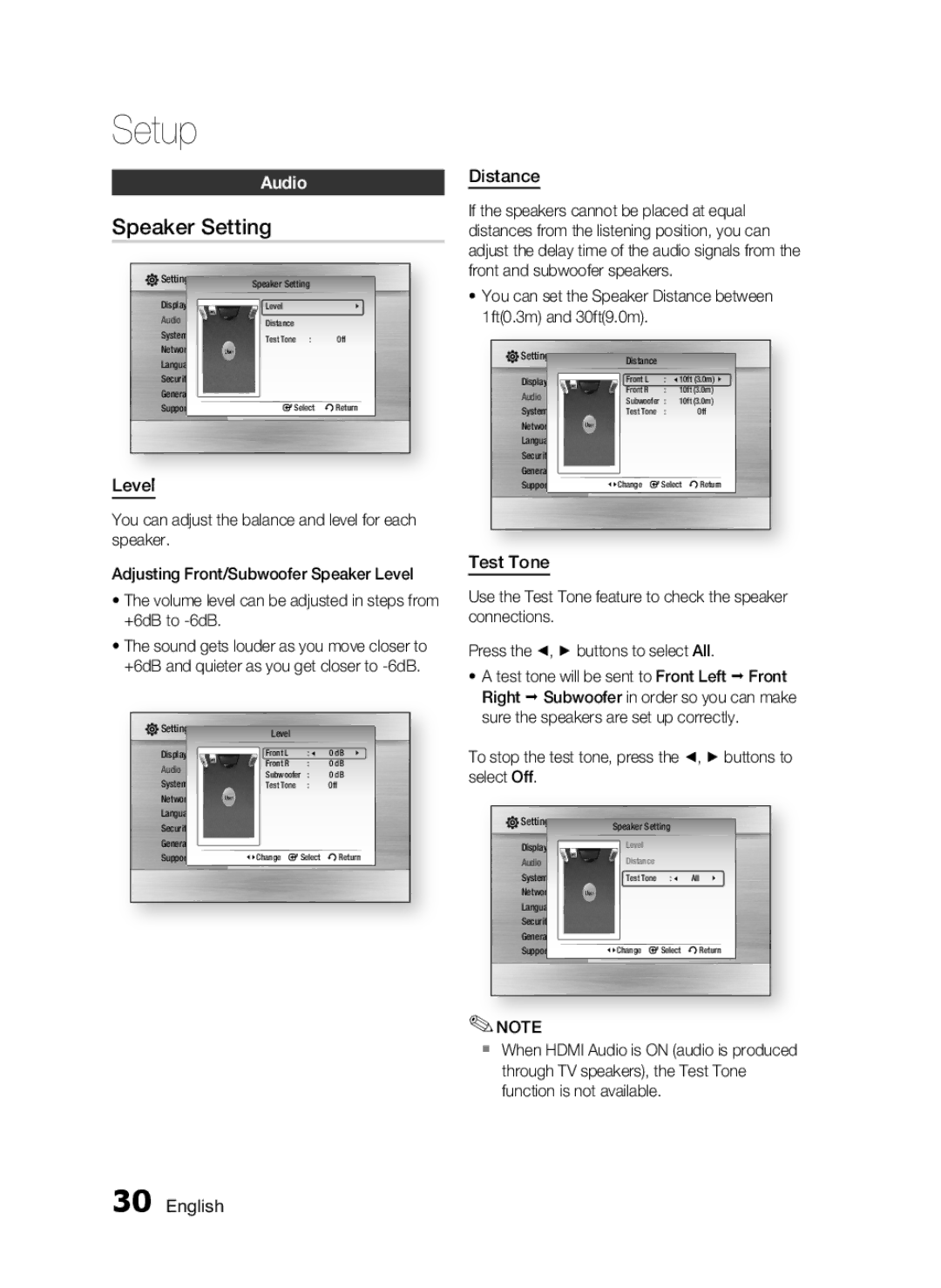 Samsung HT-C5200 user manual Speaker Setting, Audio, Level, Distance, Test Tone 