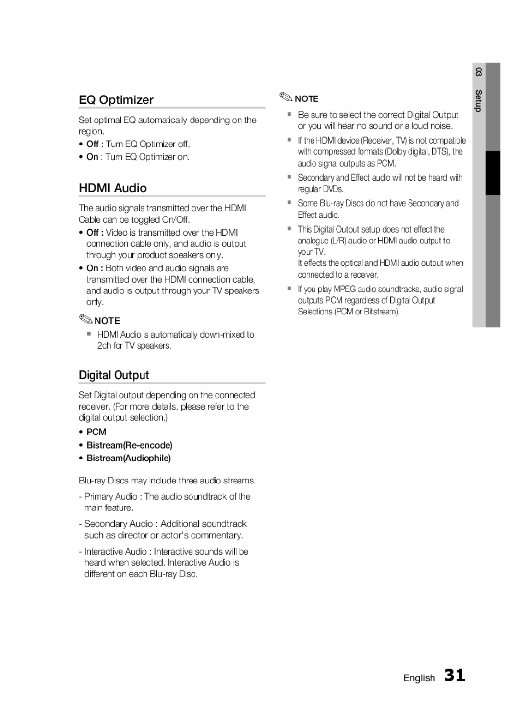 Samsung HT-C5200 user manual EQ Optimizer, Hdmi Audio, Digital Output 