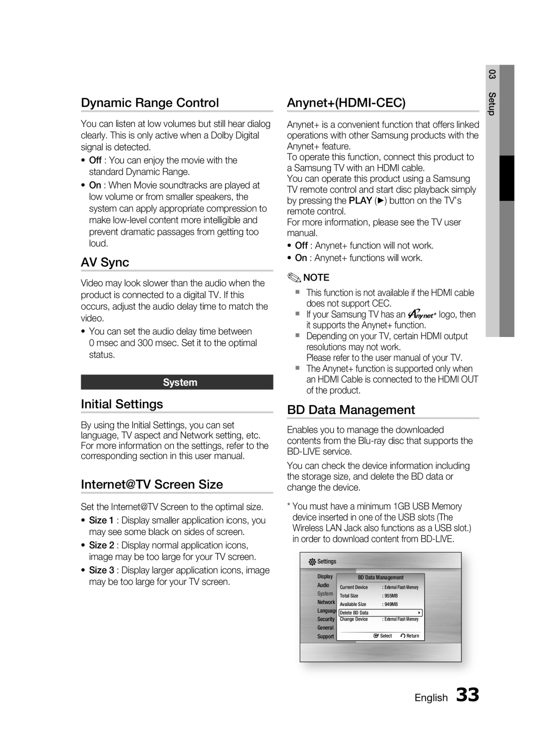 Samsung HT-C5200 user manual Dynamic Range Control, AV Sync, Initial Settings Internet@TV Screen Size, Anynet+HDMI-CEC 