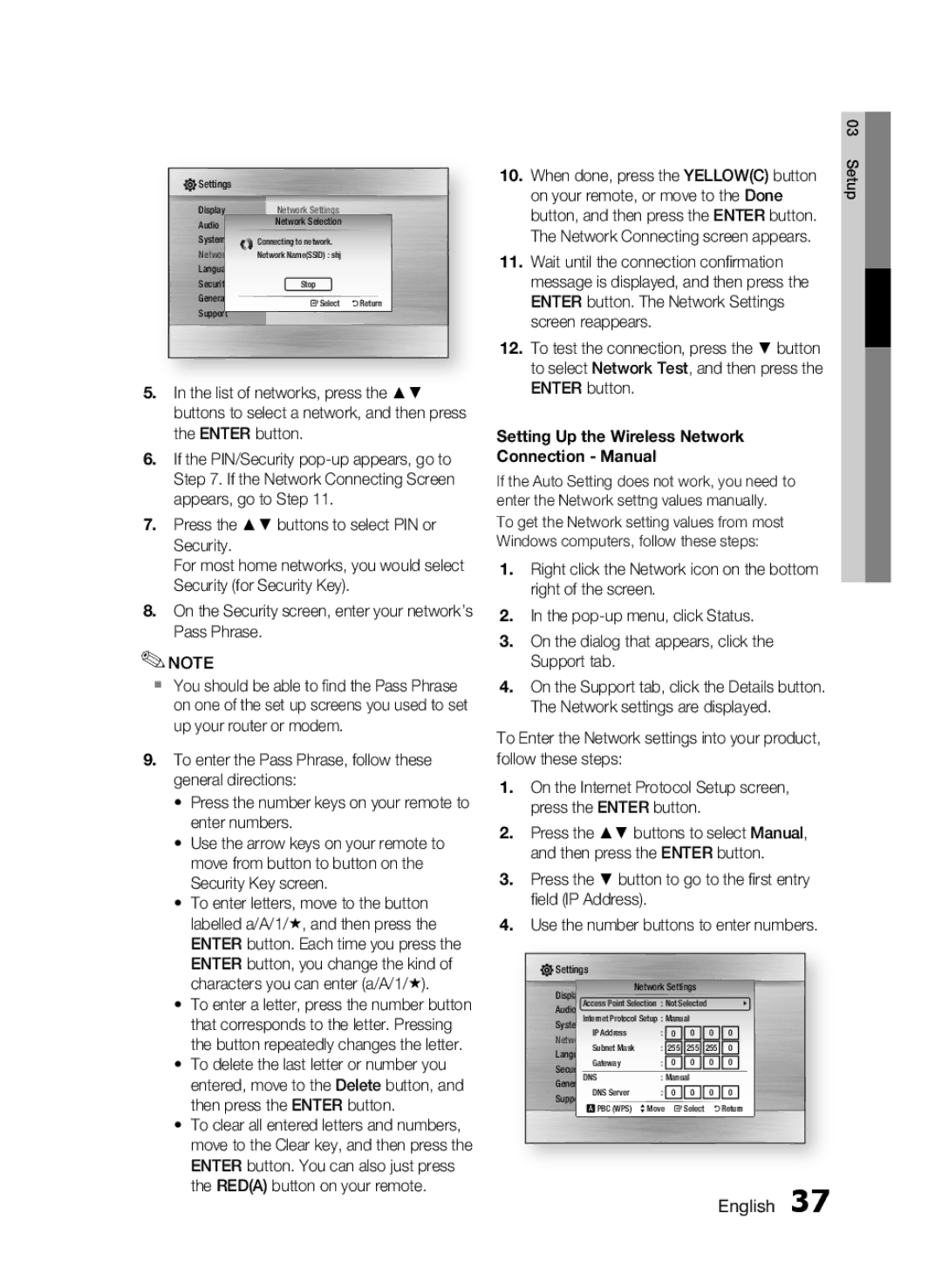 Samsung HT-C5200 user manual When done, press the Yellowc button, Enter button 