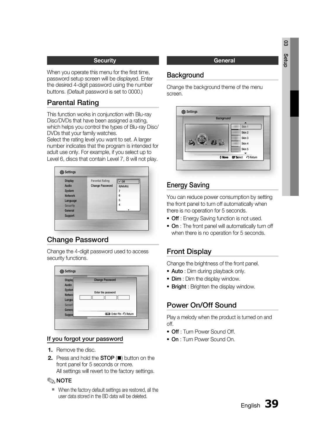 Samsung HT-C5200 user manual Parental Rating, Change Password, Background, Energy Saving, Front Display, Power On/Off Sound 