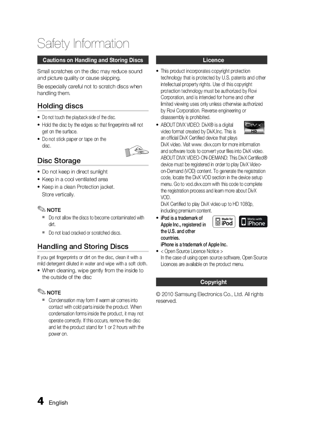 Samsung HT-C5200 user manual Holding discs, Disc Storage, Handling and Storing Discs, Licence, Copyright 