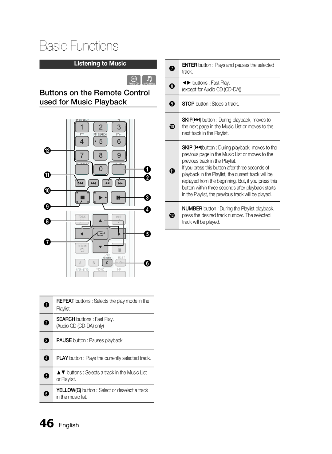 Samsung HT-C5200 user manual Buttons on the Remote Control used for Music Playback, Listening to Music 