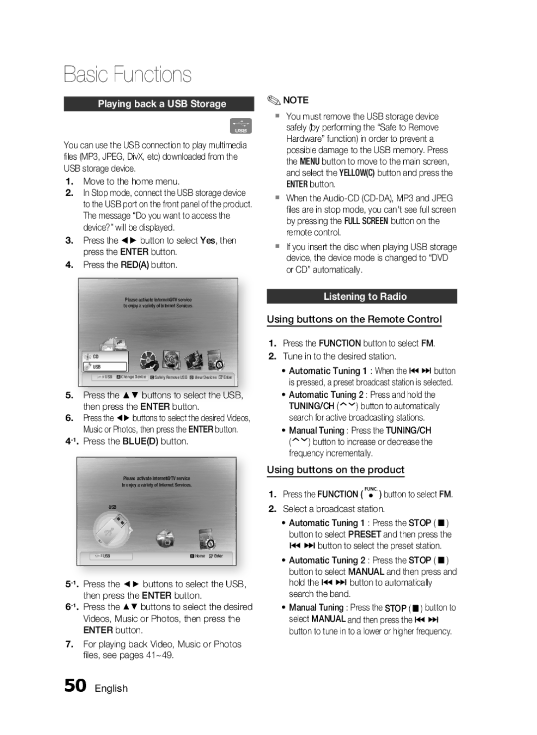 Samsung HT-C5200 user manual Playing back a USB Storage, Listening to Radio, Using buttons on the Remote Control 