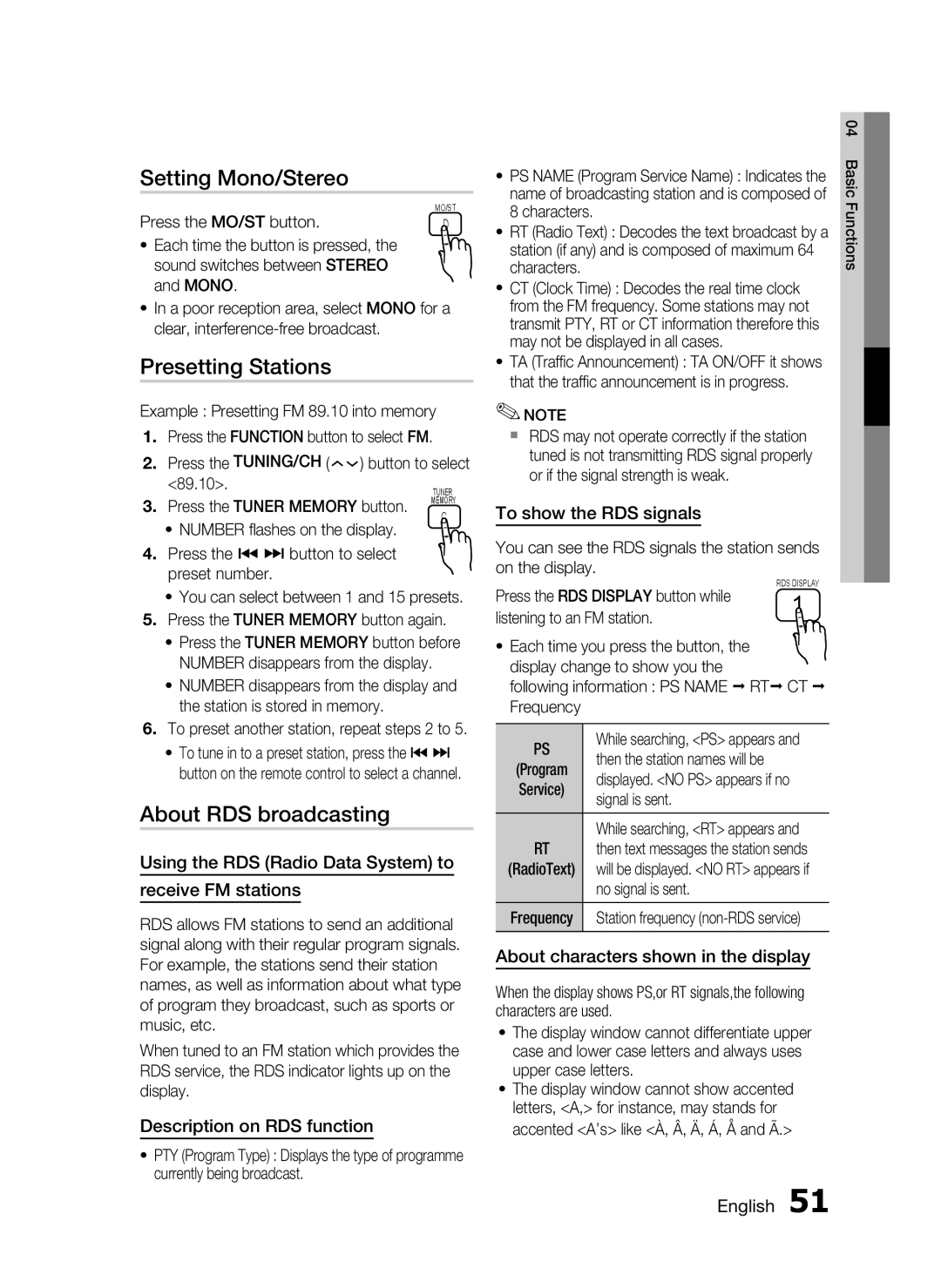 Samsung HT-C5200 user manual Setting Mono/Stereo, Presetting Stations, About RDS broadcasting 