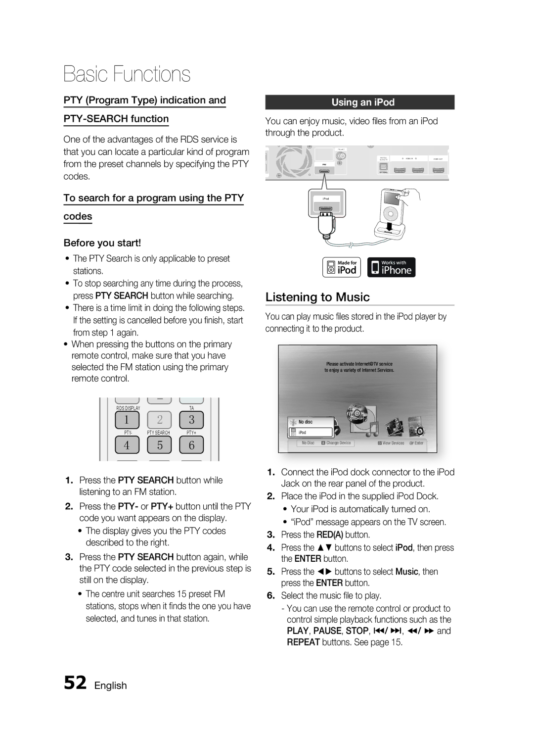 Samsung HT-C5200 user manual Listening to Music, PTY Program Type indication PTY-SEARCH function, Using an iPod 