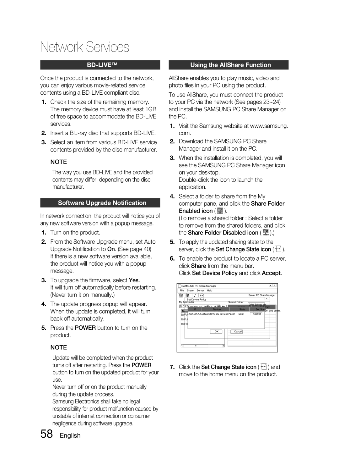 Samsung HT-C5200 user manual Bd-Live, Software Upgrade Notiﬁcation 