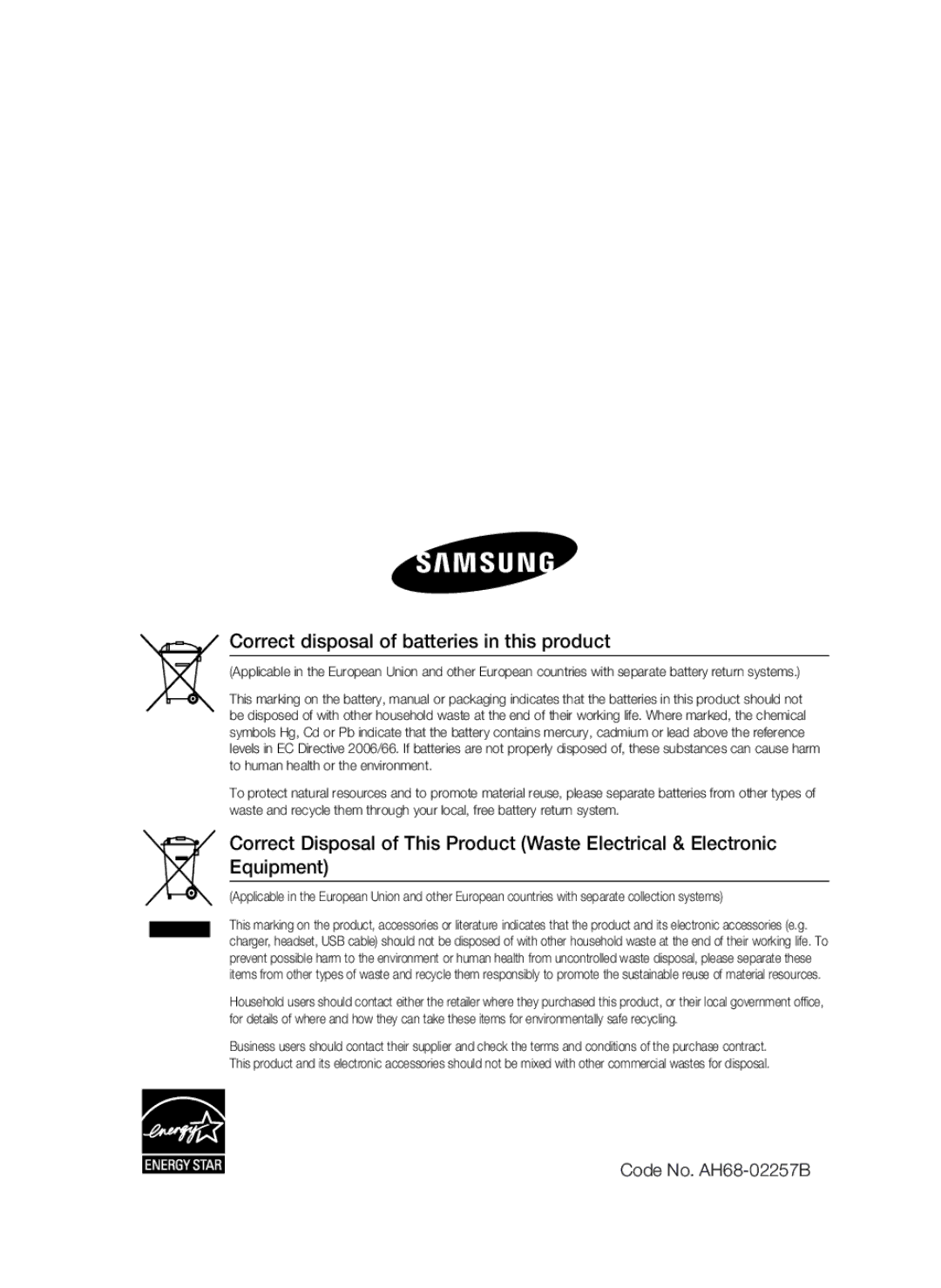 Samsung HT-C5200 user manual Correct disposal of batteries in this product 