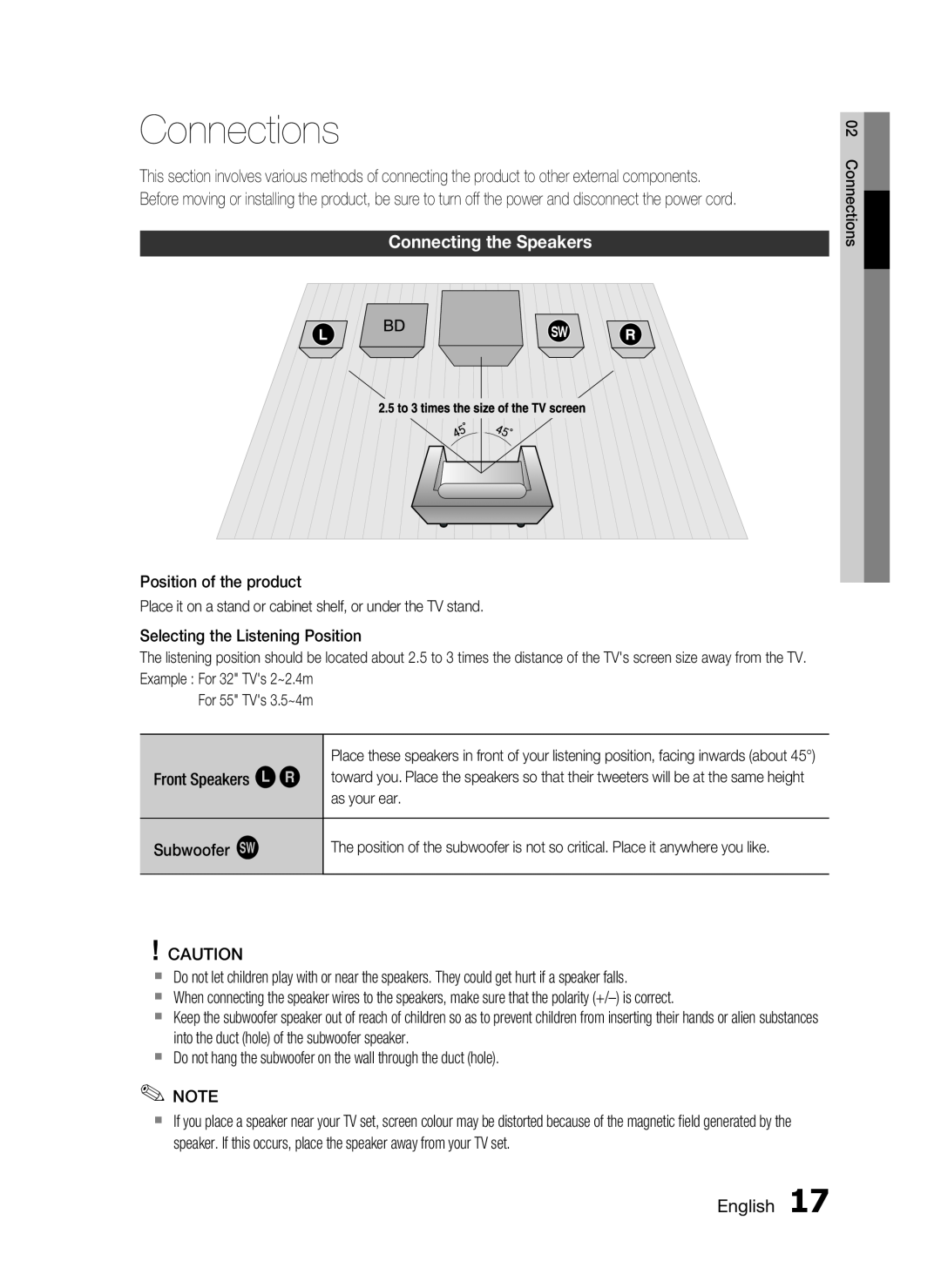 Samsung HT-C5200 user manual Connections, Connecting the Speakers, English 