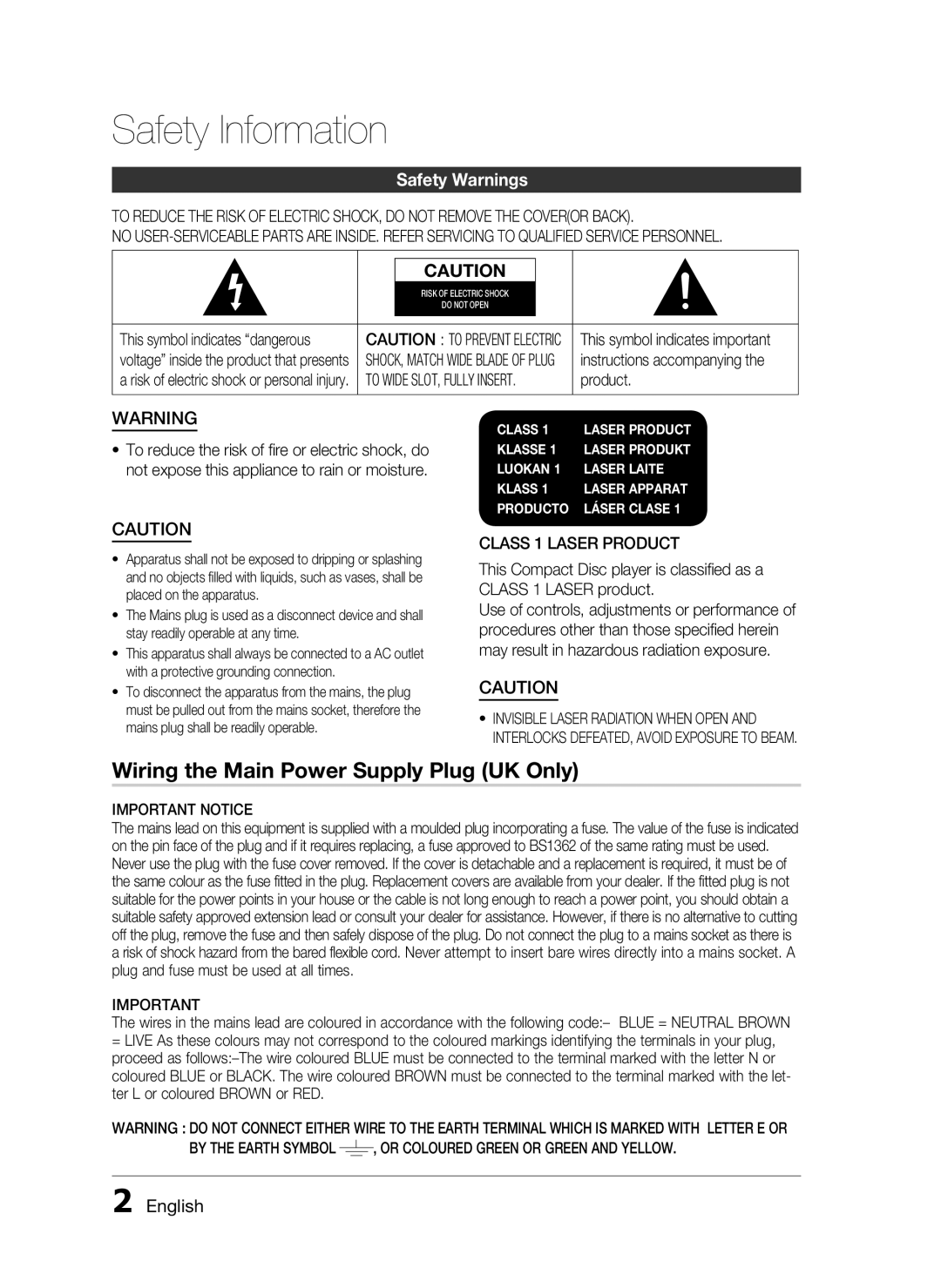 Samsung HT-C5200 user manual Safety Information, Wiring the Main Power Supply Plug UK Only, Safety Warnings, English 