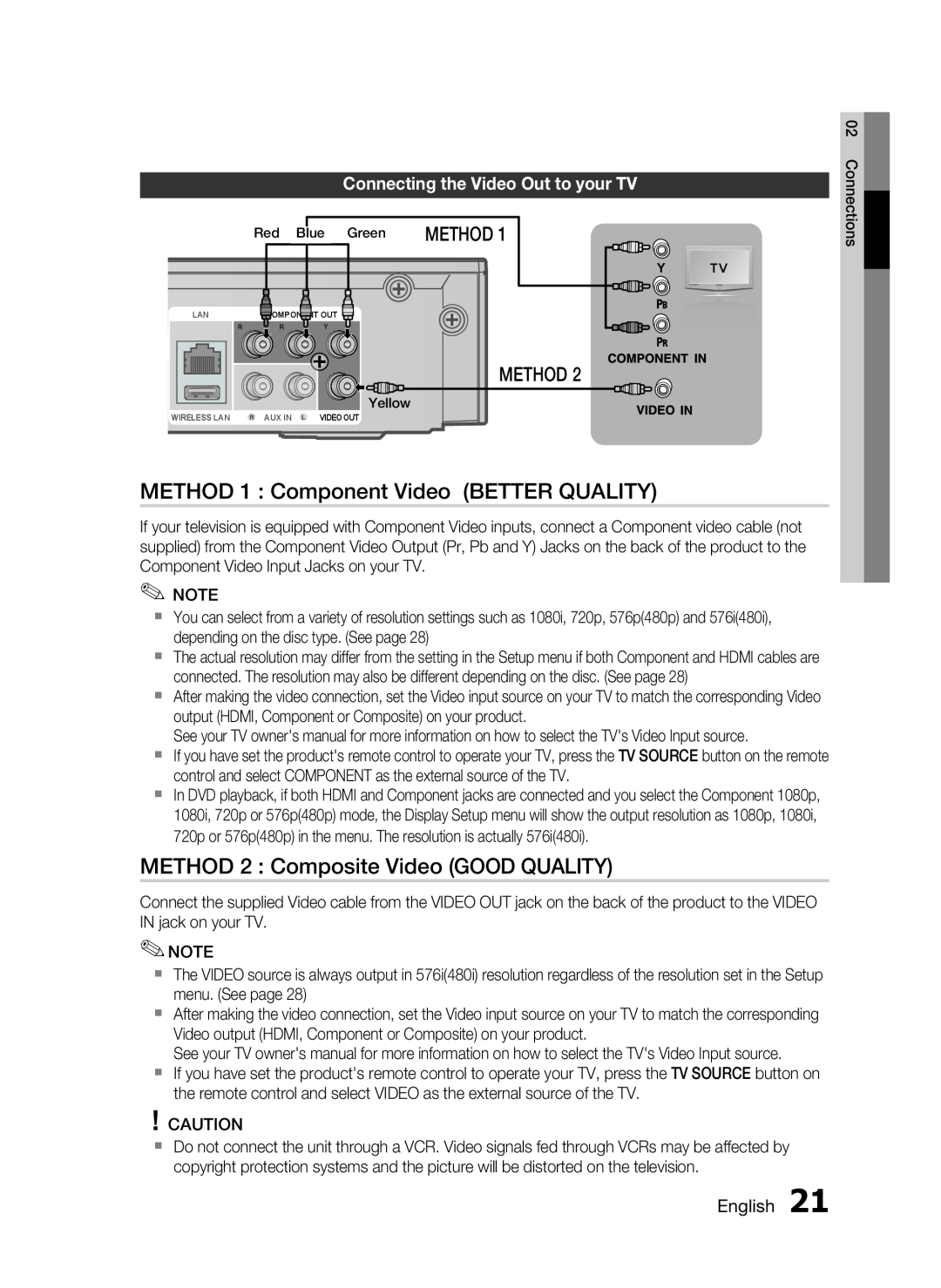 Samsung HT-C5200 METHOD 1 Component Video BETTER QUALITY, METHOD 2 Composite Video GOOD QUALITY, Method, English 