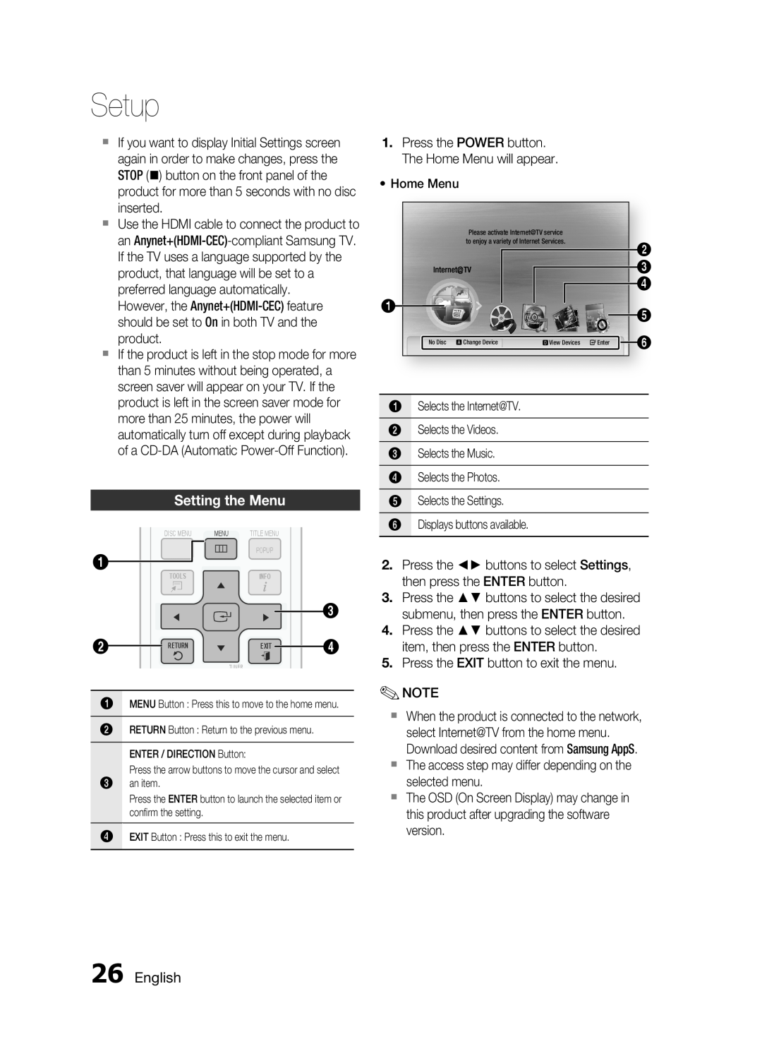 Samsung HT-C5200 user manual Setting the Menu, English, Setup 