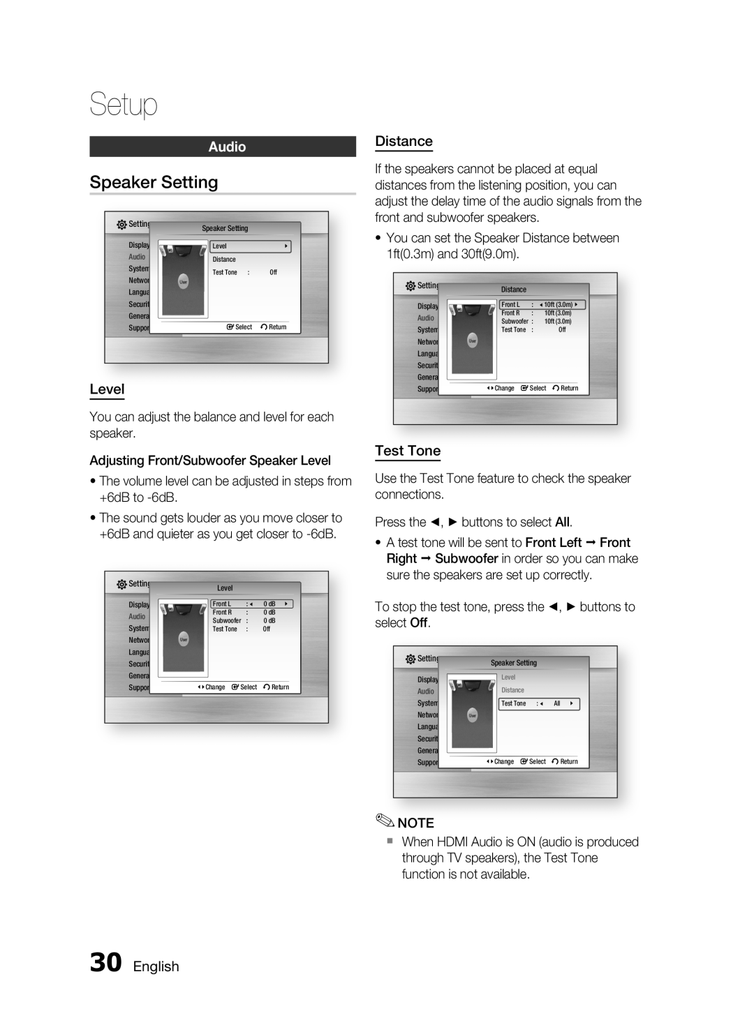 Samsung HT-C5200 user manual Speaker Setting, Audio, Level, Distance, Test Tone, English, Setup 