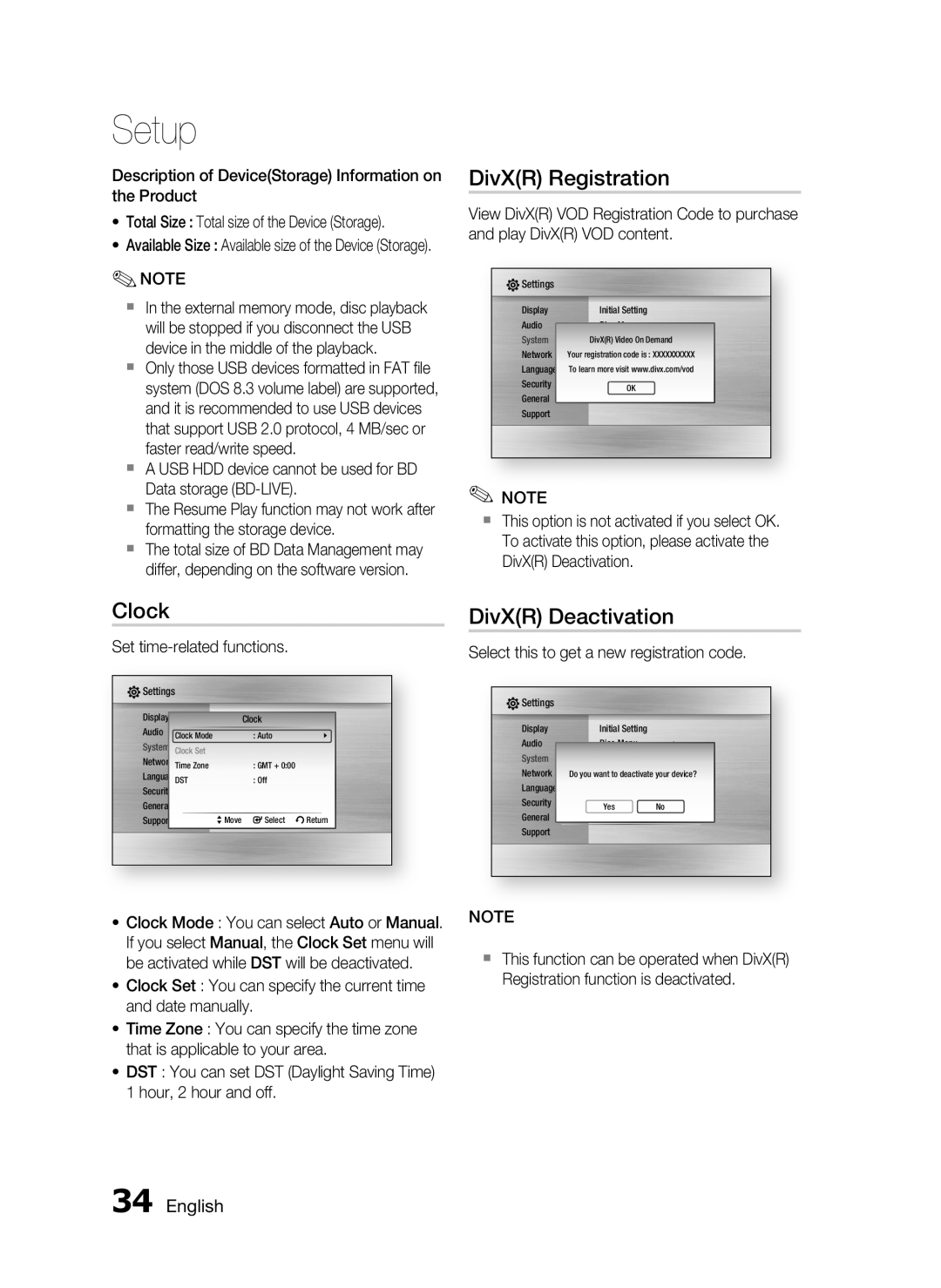 Samsung HT-C5200 user manual DivXR Registration, Clock, DivXR Deactivation, English, Setup 