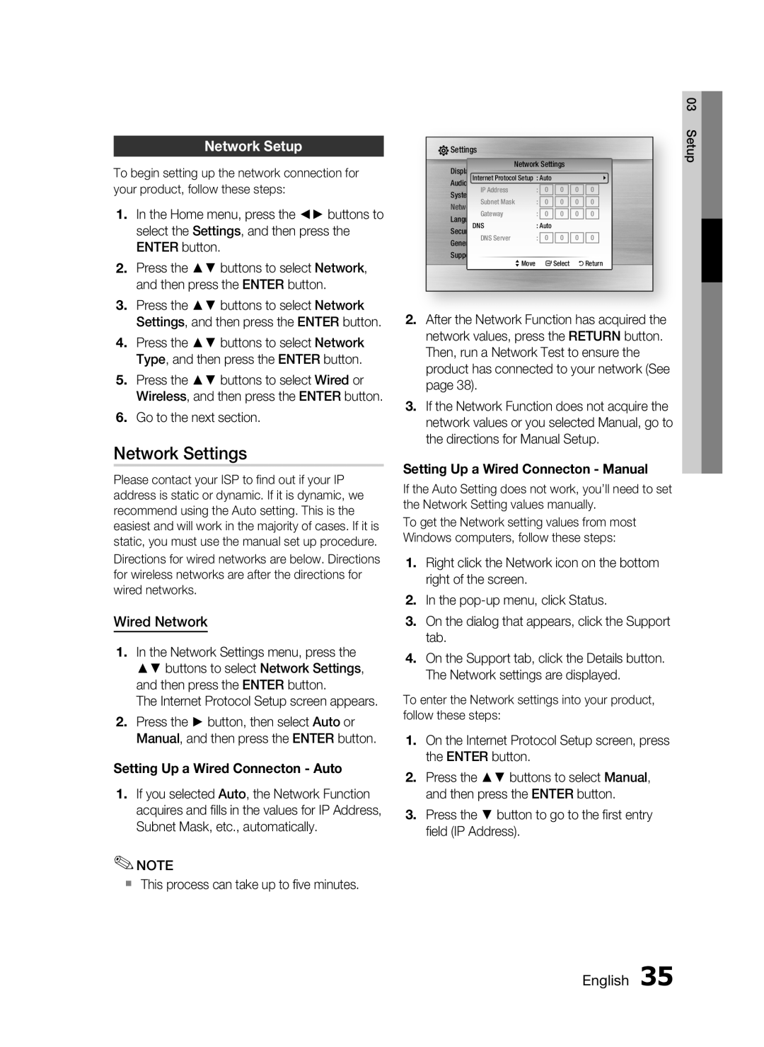 Samsung HT-C5200 user manual Network Settings, Network Setup, Wired Network, English 