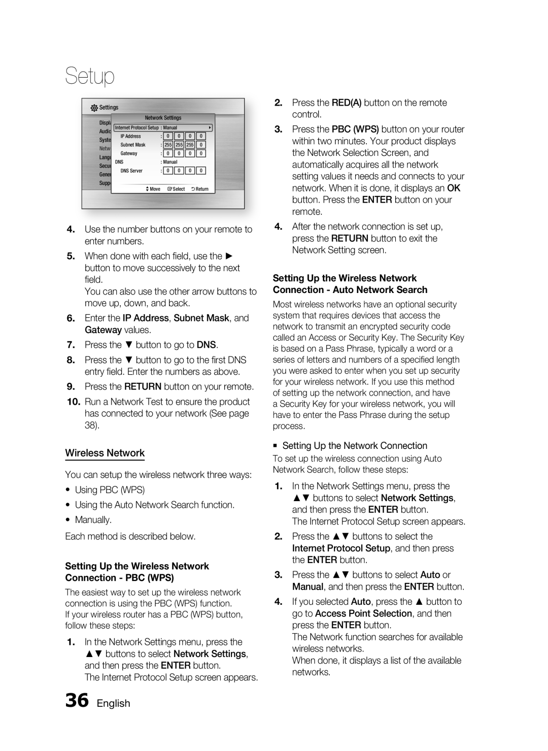 Samsung HT-C5200 user manual English, Setup, Setting Up the Wireless Network, Connection - PBC WPS 