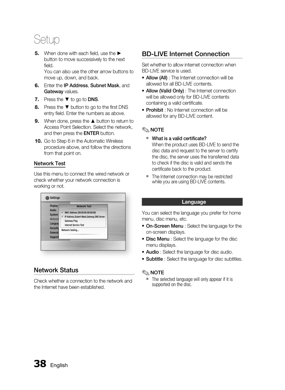 Samsung HT-C5200 user manual BD-LIVEInternet Connection, Network Status, Network Test, Language, English, Setup 