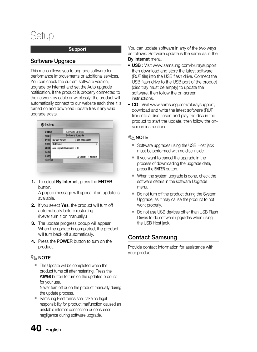 Samsung HT-C5200 user manual Software Upgrade, Contact Samsung, Support, English, Setup 