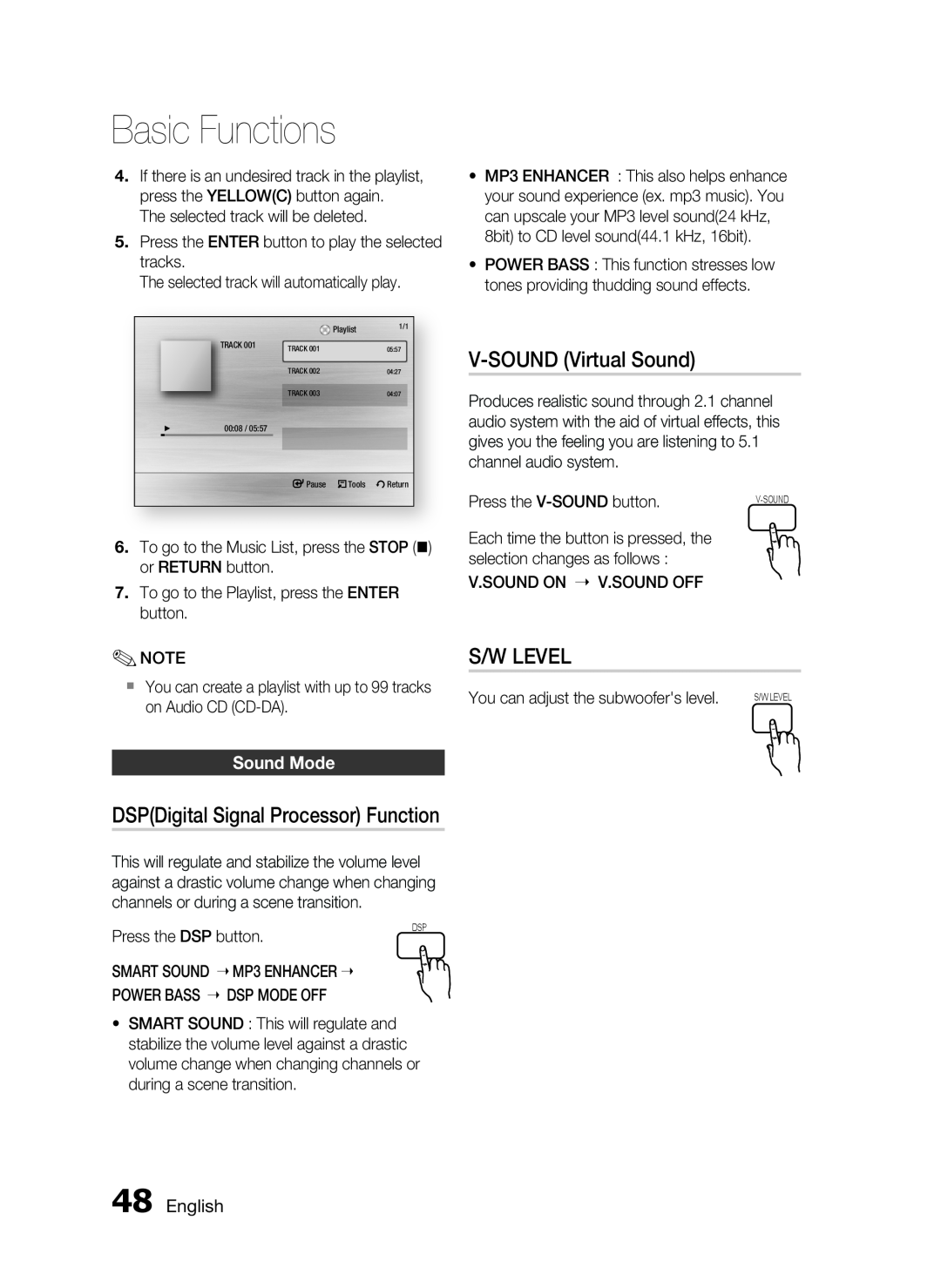 Samsung HT-C5200 user manual V-SOUNDVirtual Sound, S/W Level, DSPDigital Signal Processor Function, Sound Mode, English 