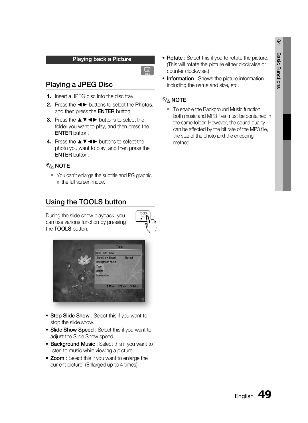 Samsung HT-C5200 user manual Playing a JPEG Disc, Using the TOOLS button, Playing back a Picture, English 