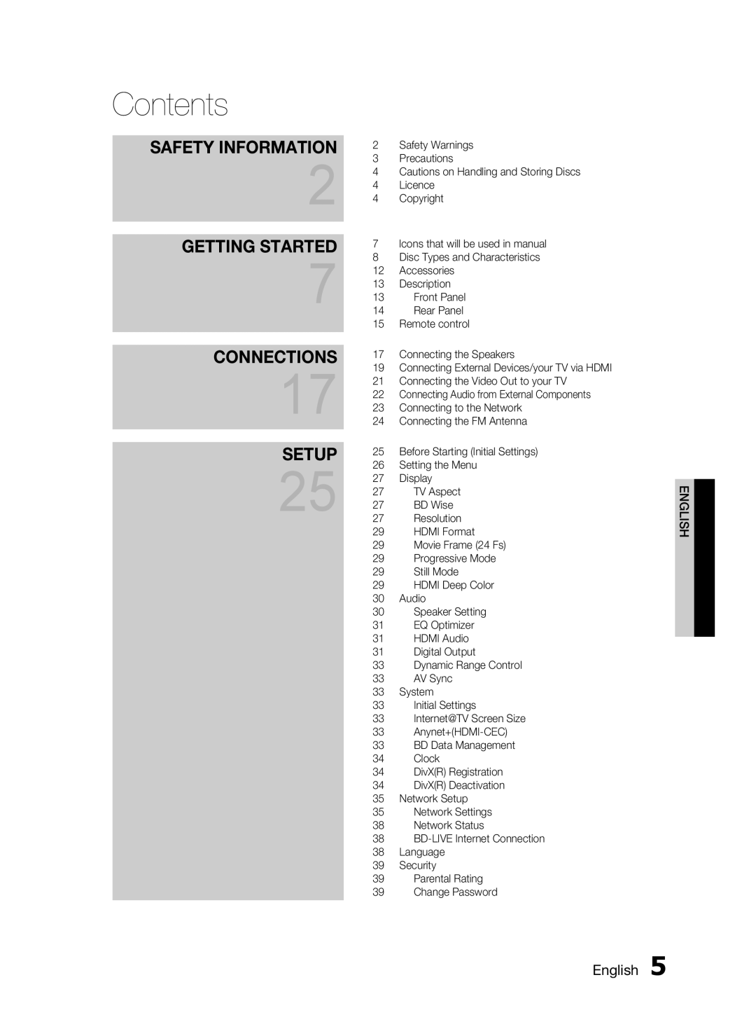 Samsung HT-C5200 user manual Contents, Getting Started, Connections, Setup, Safety Information, English 