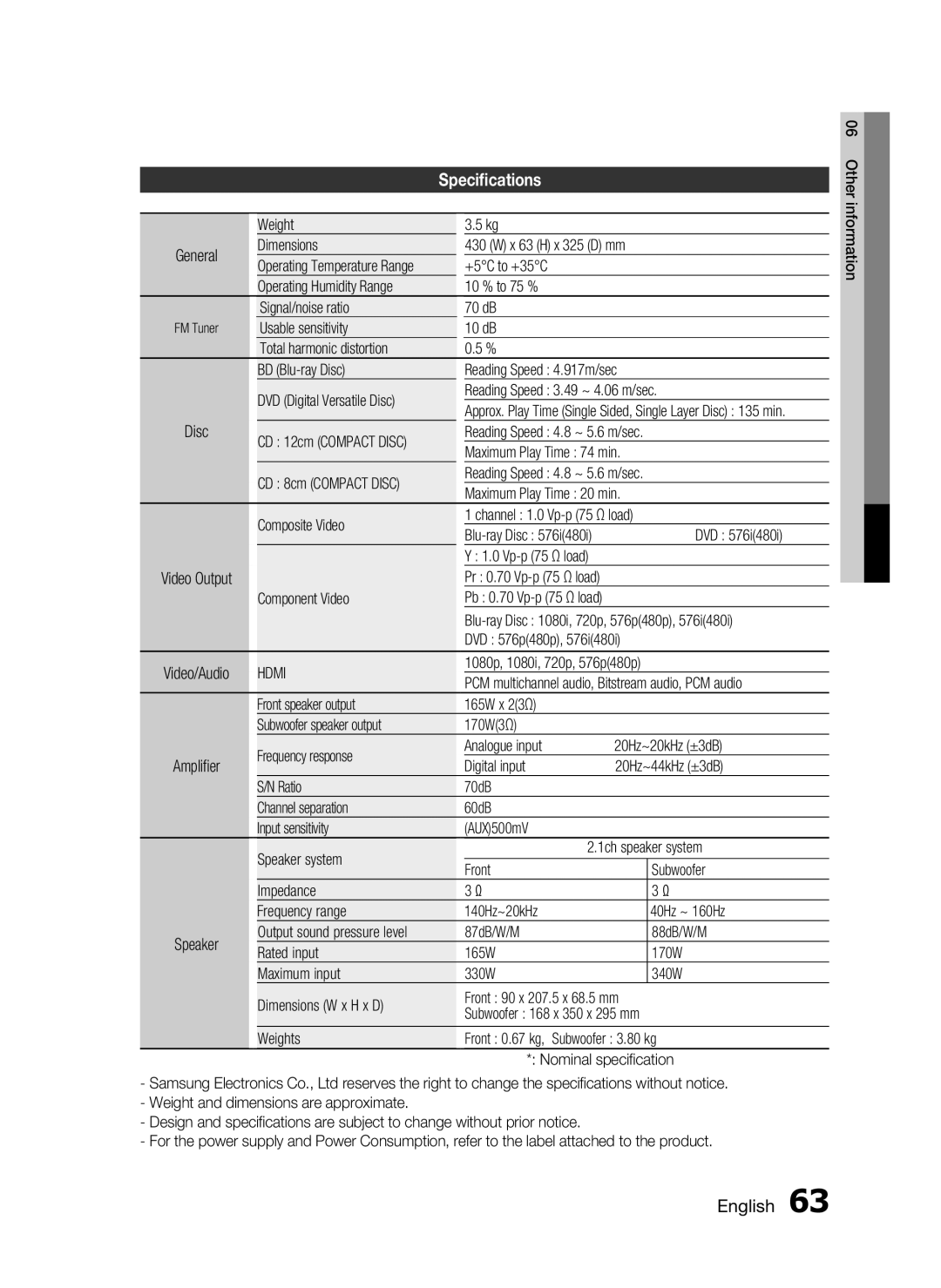 Samsung HT-C5200 user manual Speciﬁcations, English 