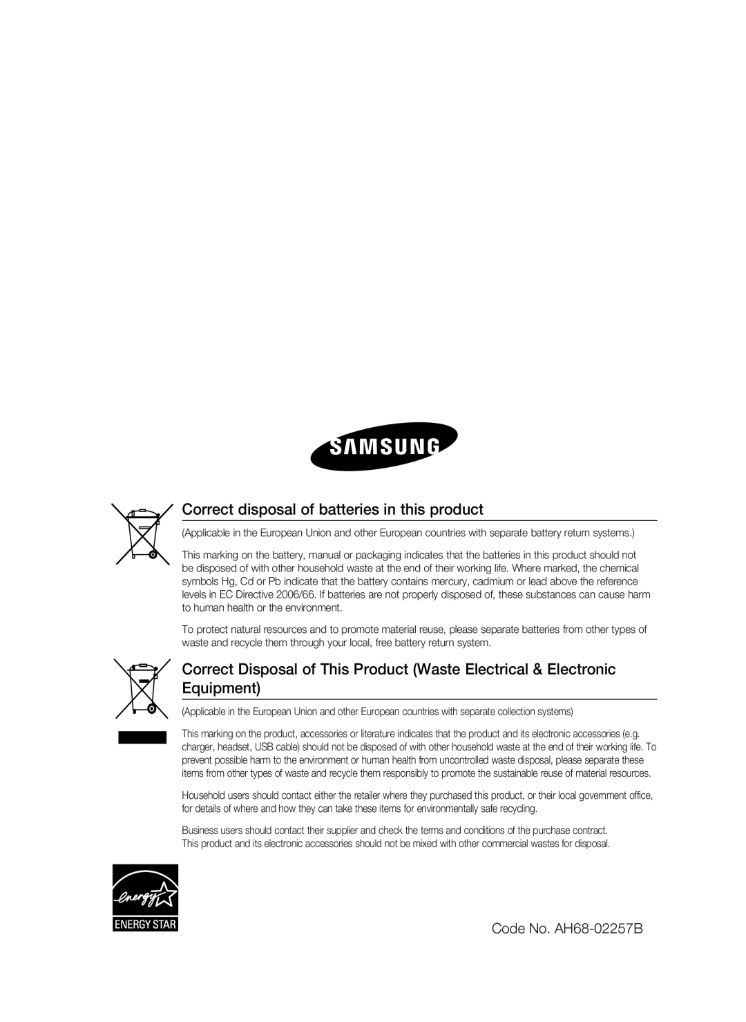 Samsung HT-C5200 user manual Correct disposal of batteries in this product, Code No. AH68-02257B 