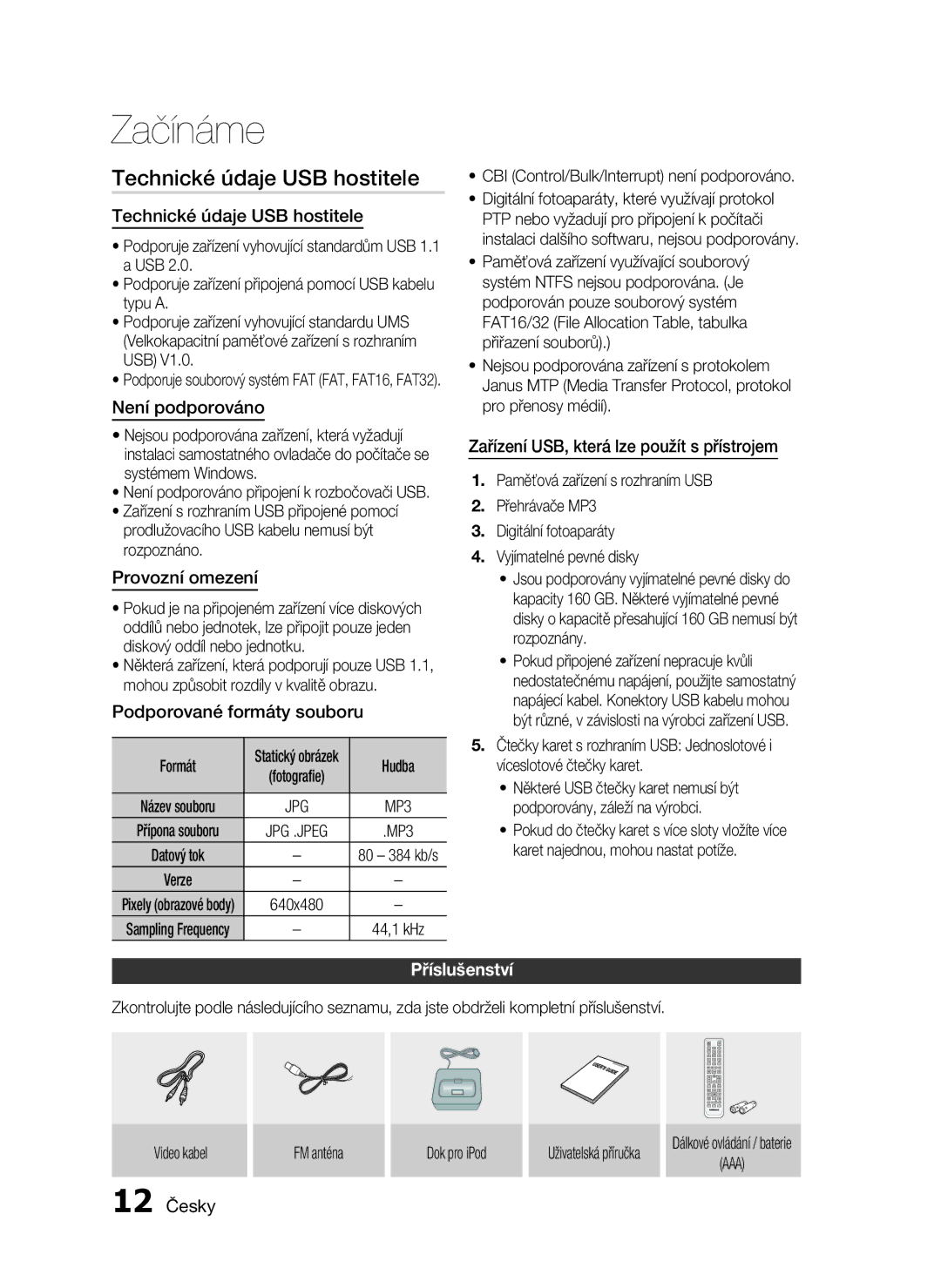 Samsung HT-C5200/EDC, HT-C5200/XEF manual Technické údaje USB hostitele, Příslušenství 