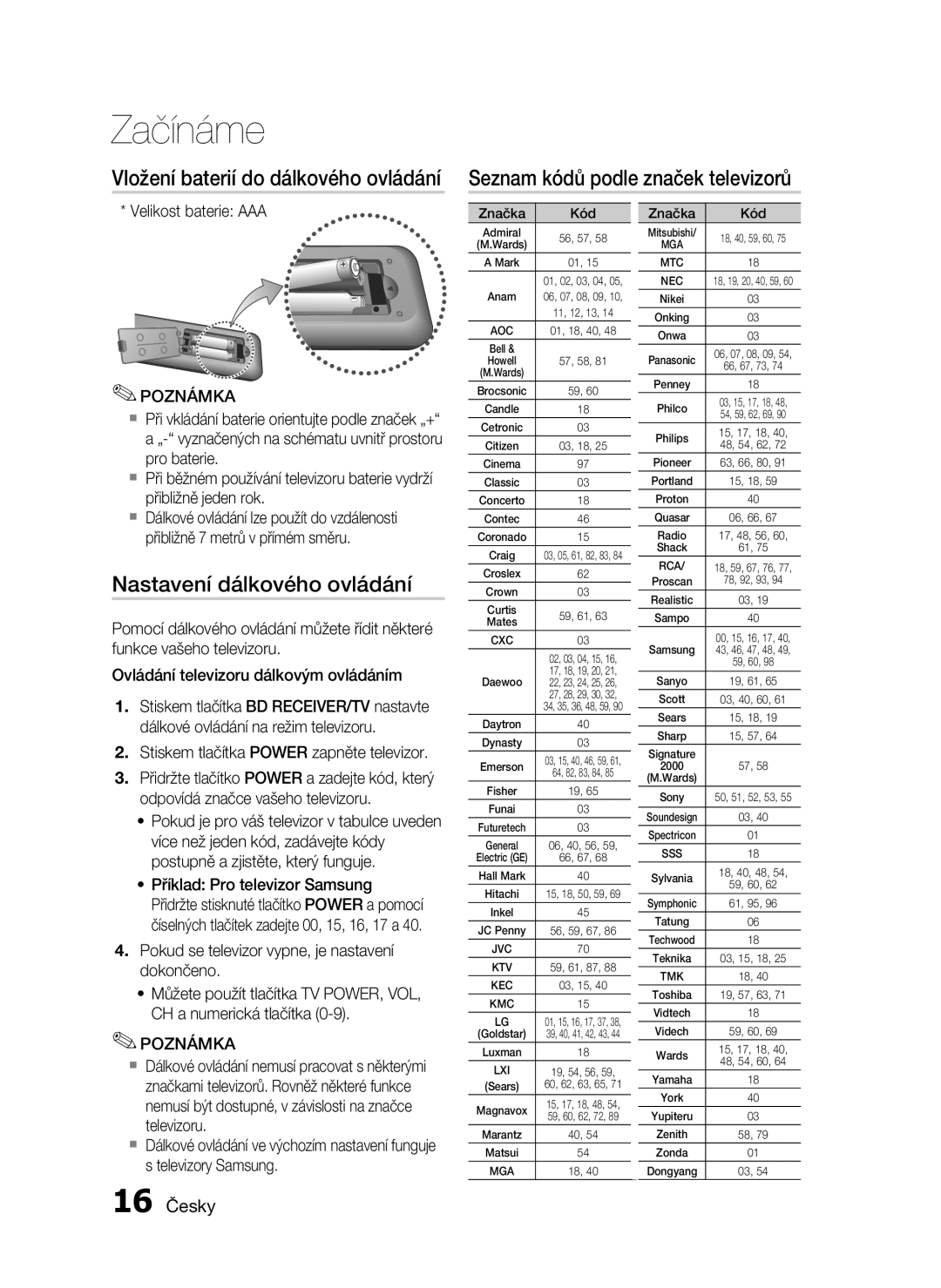 Samsung HT-C5200/EDC, HT-C5200/XEF manual Nastavení dálkového ovládání, 16 Česky, Velikost baterie AAA 