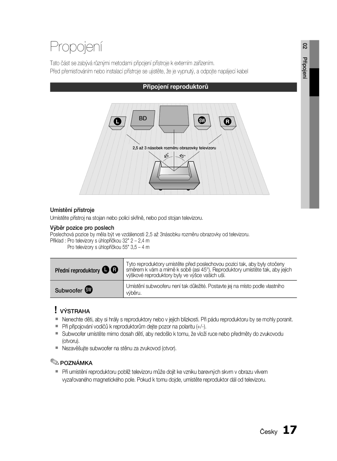 Samsung HT-C5200/XEF, HT-C5200/EDC manual Propojení, Připojení reproduktorů 