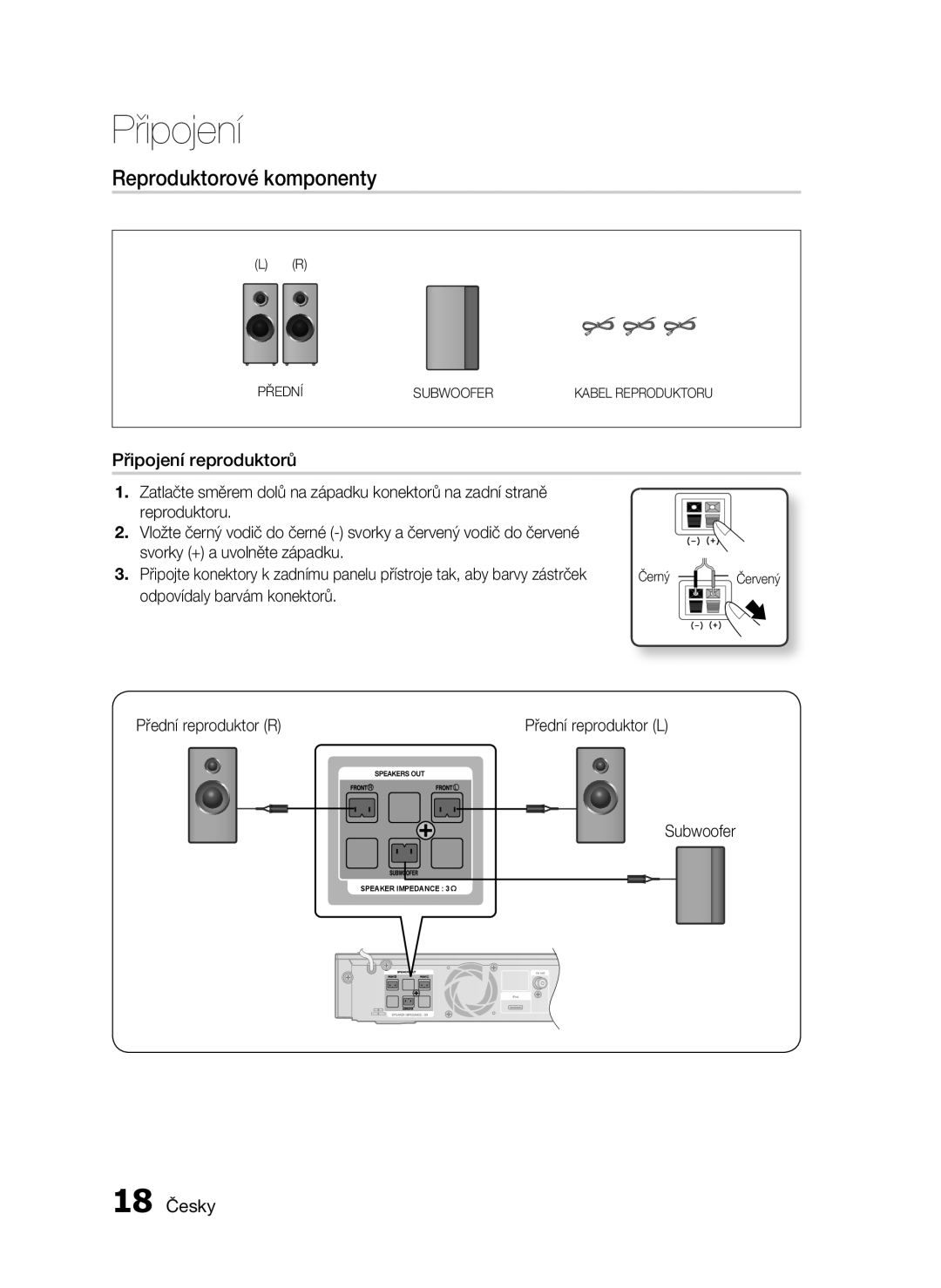 Samsung HT-C5200/EDC, HT-C5200/XEF manual Reproduktorové komponenty, Připojení reproduktorů, 18 Česky 