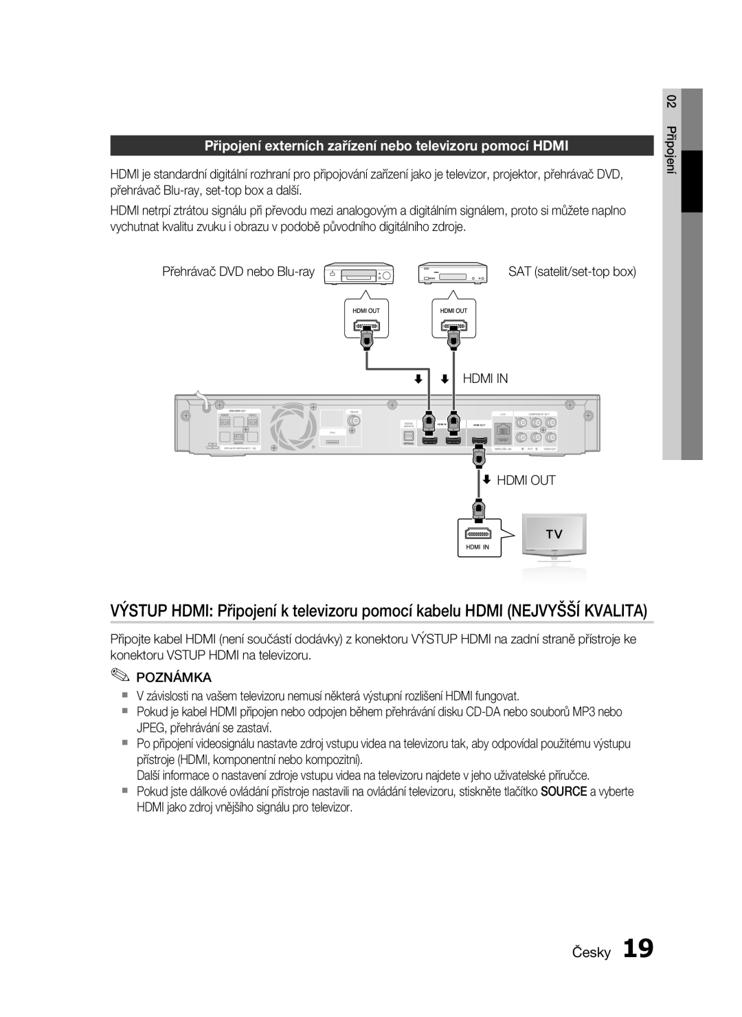 Samsung HT-C5200/XEF, HT-C5200/EDC manual Připojení externích zařízení nebo televizoru pomocí Hdmi, Hdmi OUT 