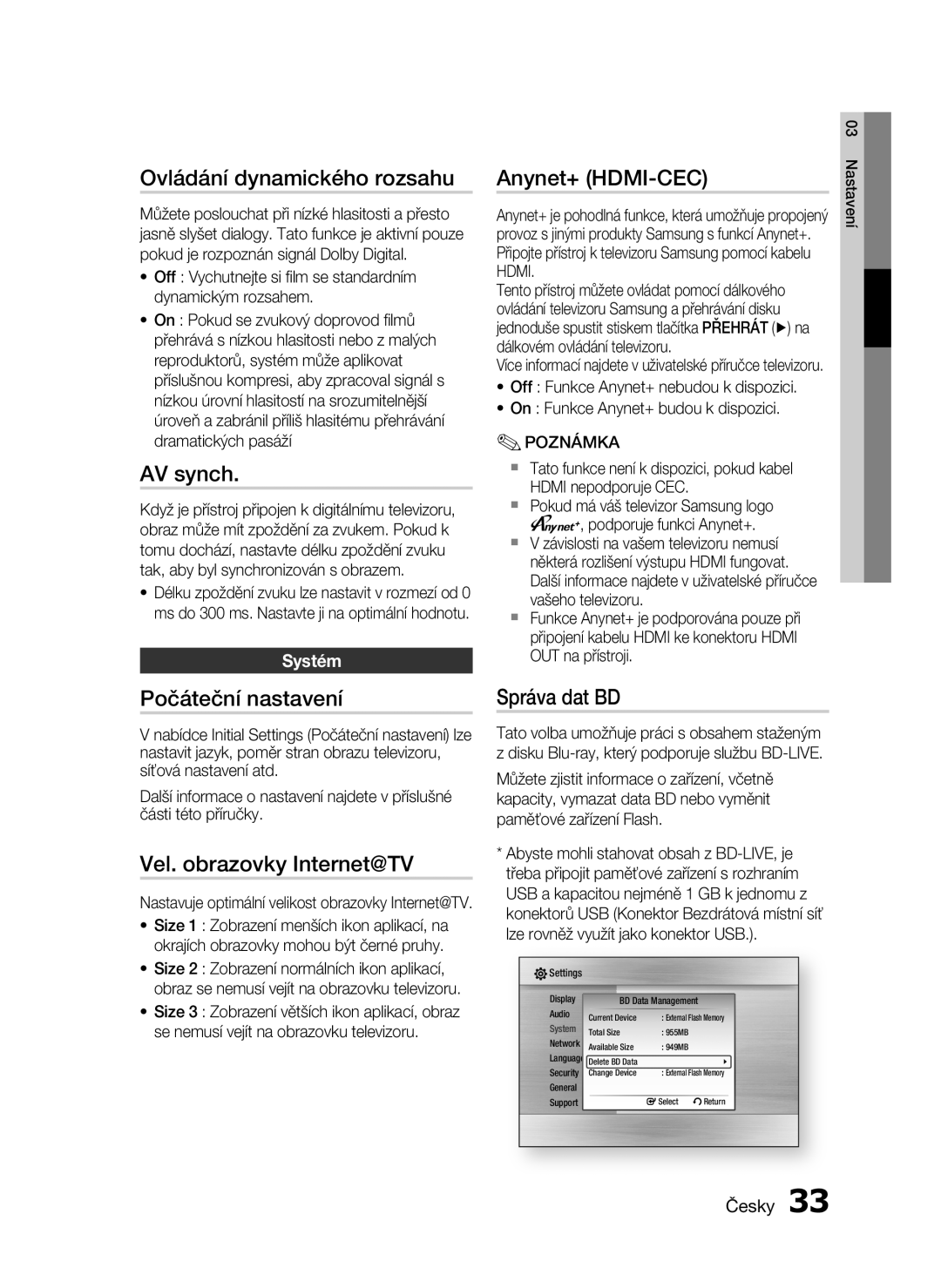 Samsung HT-C5200/XEF manual Ovládání dynamického rozsahu, AV synch, Anynet+ HDMI-CEC, Počáteční nastavení, Správa dat BD 