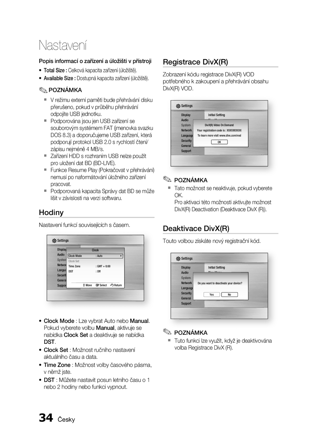 Samsung HT-C5200/EDC, HT-C5200/XEF manual Hodiny, Registrace DivXR, Deaktivace DivXR, 34 Česky 