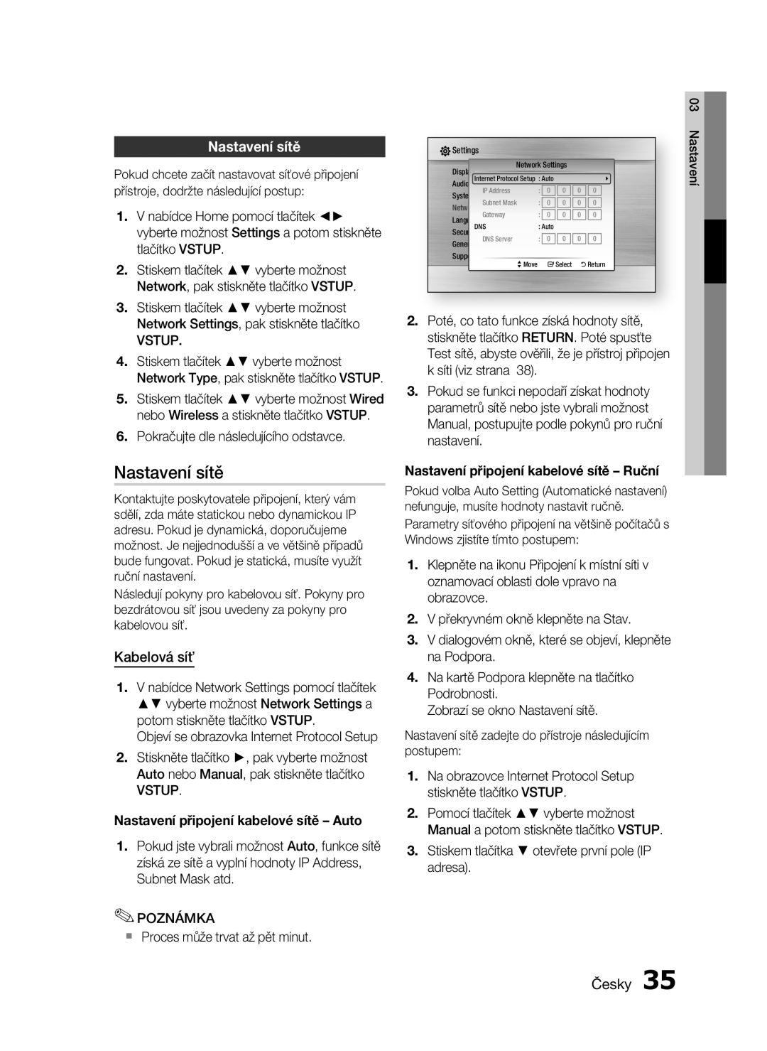 Samsung HT-C5200/XEF, HT-C5200/EDC manual Nastavení sítě, Kabelová síť 