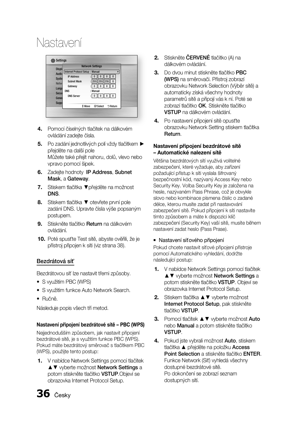 Samsung HT-C5200/EDC, HT-C5200/XEF manual Bezdrátová síť, 36 Česky, Dns, Return 