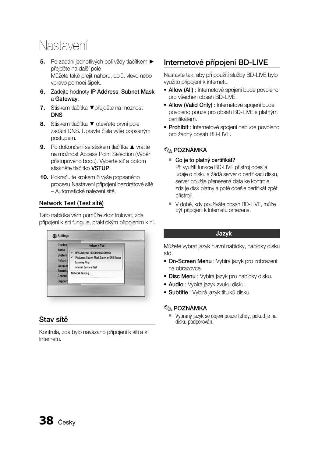 Samsung HT-C5200/EDC, HT-C5200/XEF manual Internetové přípojení BD-LIVE, Stav sítě, Network Test Test sítě, Jazyk, 38 Česky 