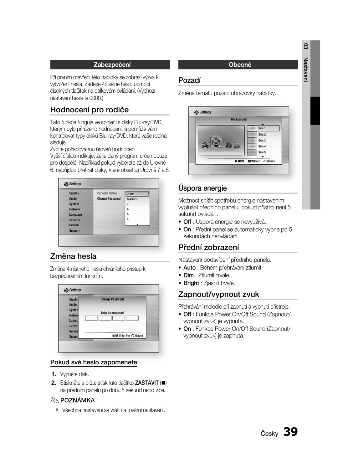 Samsung HT-C5200/XEF Hodnocení pro rodiče, Změna hesla, Pozadí, Úspora energie, Přední zobrazení, Zapnout/vypnout zvuk 