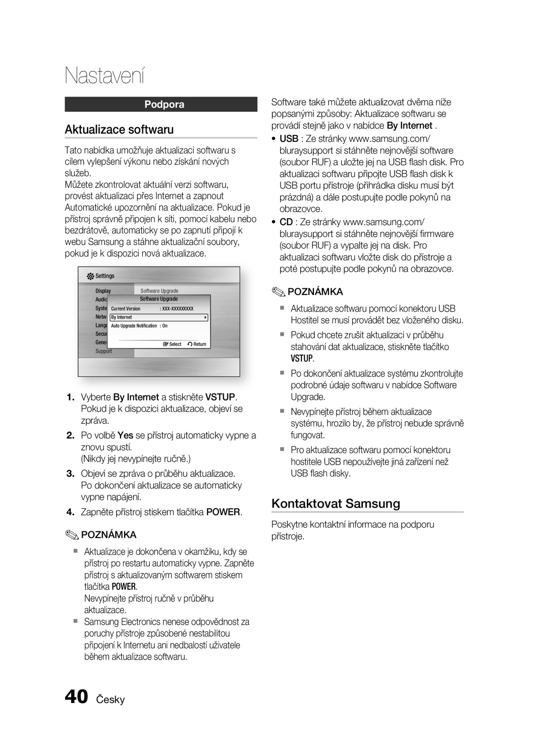 Samsung HT-C5200/EDC, HT-C5200/XEF manual Aktualizace softwaru, Kontaktovat Samsung, Podpora, 40 Česky 