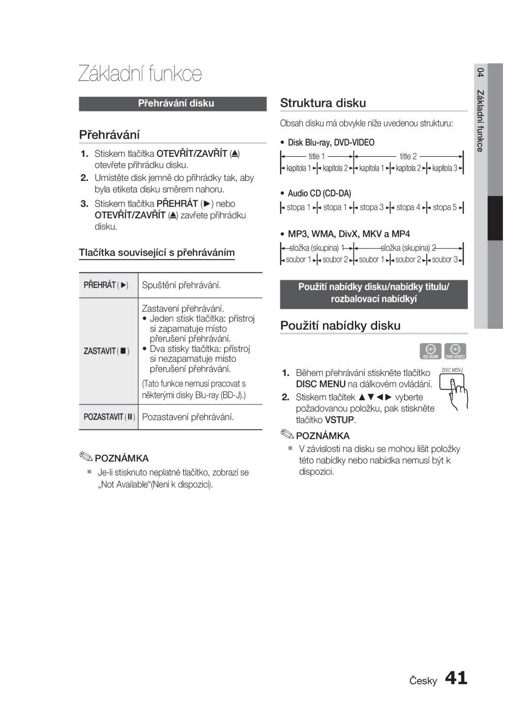 Samsung HT-C5200/XEF, HT-C5200/EDC manual Základní funkce, Přehrávání, Struktura disku, Použití nabídky disku 